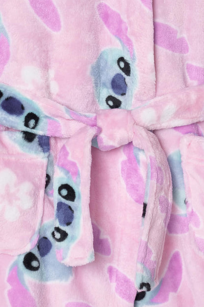 Disney girls Stitch fleece dressing gown with hood, 3D ears, floral print, tie belt, and pockets, cozy Lilo & Stitch nightwear.