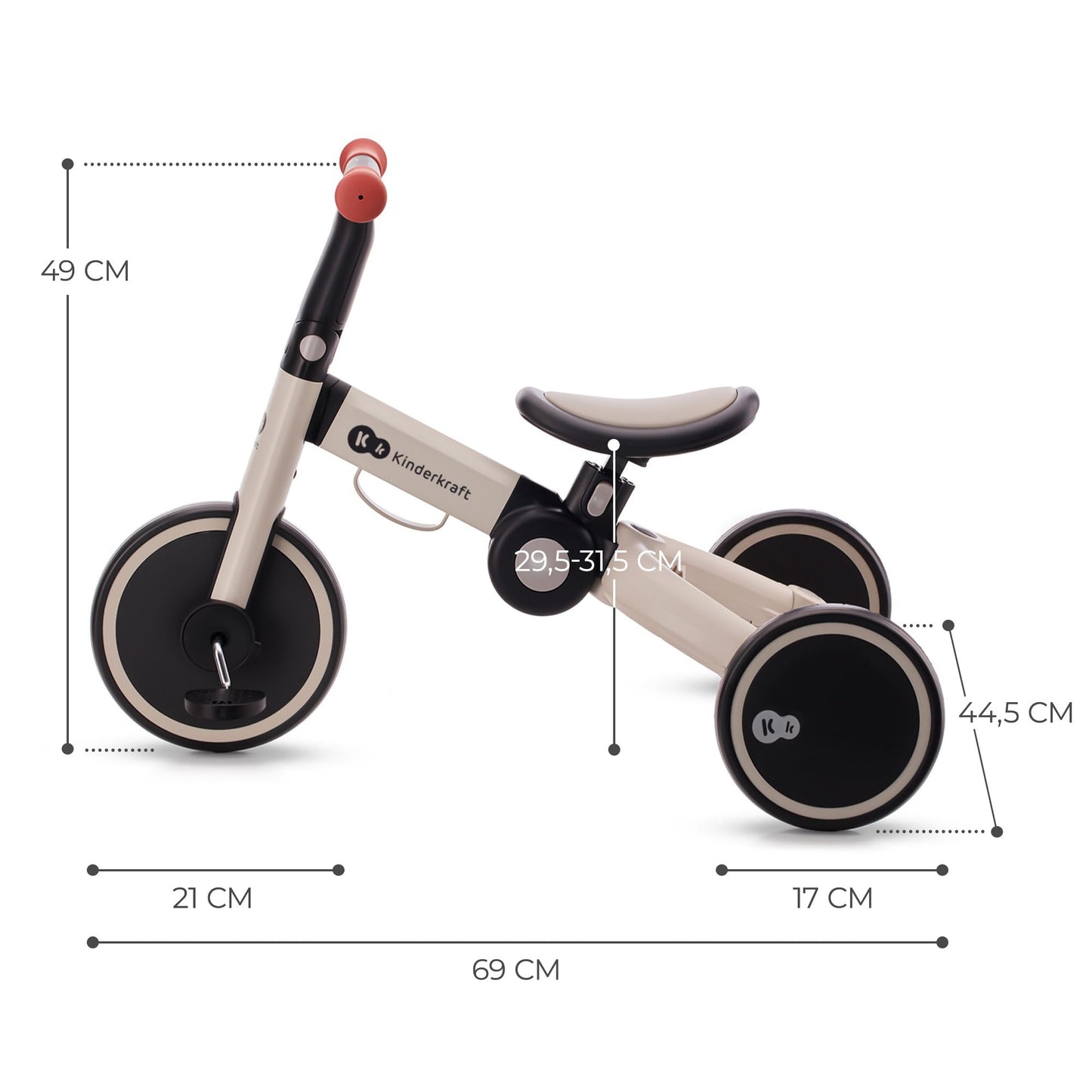 Kinderkraft 4TRIKE, foldable 3-in-1 tricycle, push trike, balance bike, pedal tricycle, lightweight aluminum frame, adjustable seat, EVA wheels, for children 1–5 years, Gray