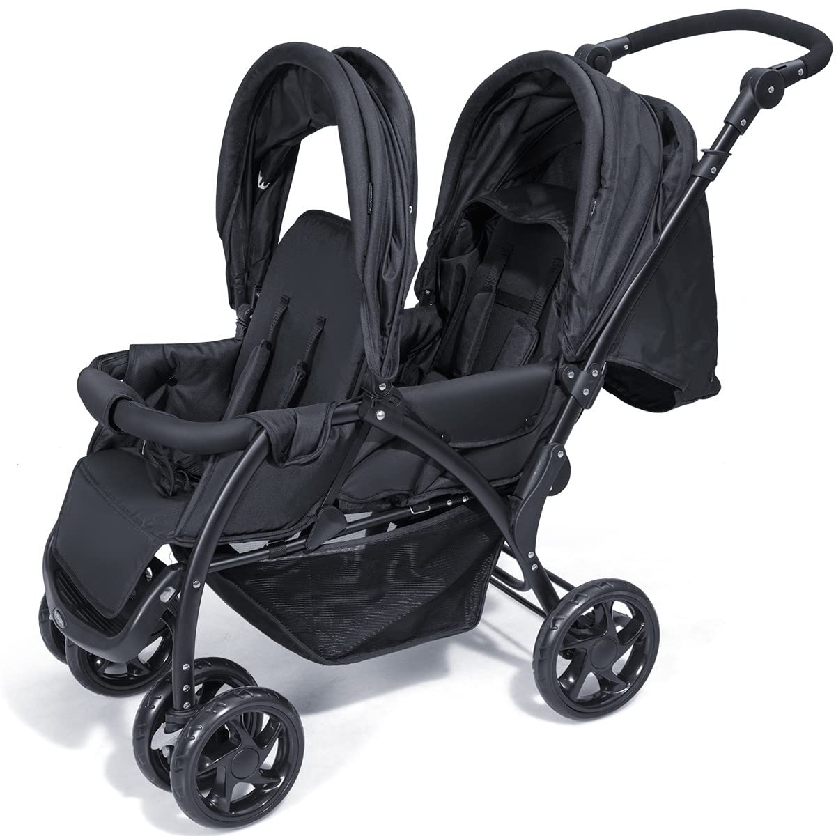 Maxmass Double Seat Baby Stroller, Folding Infant Pushchair with Adjustable Handlebar & Backrest, Storage Basket and Detachable Canopy, Travel Toddler Buggy for Shopping, Hanging Out (Black)
