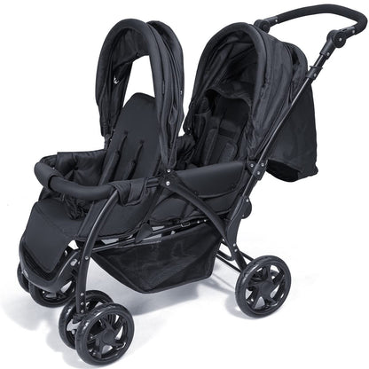 Maxmass Double Seat Baby Stroller, Folding Infant Pushchair with Adjustable Handlebar & Backrest, Storage Basket and Detachable Canopy, Travel Toddler Buggy for Shopping, Hanging Out (Black)