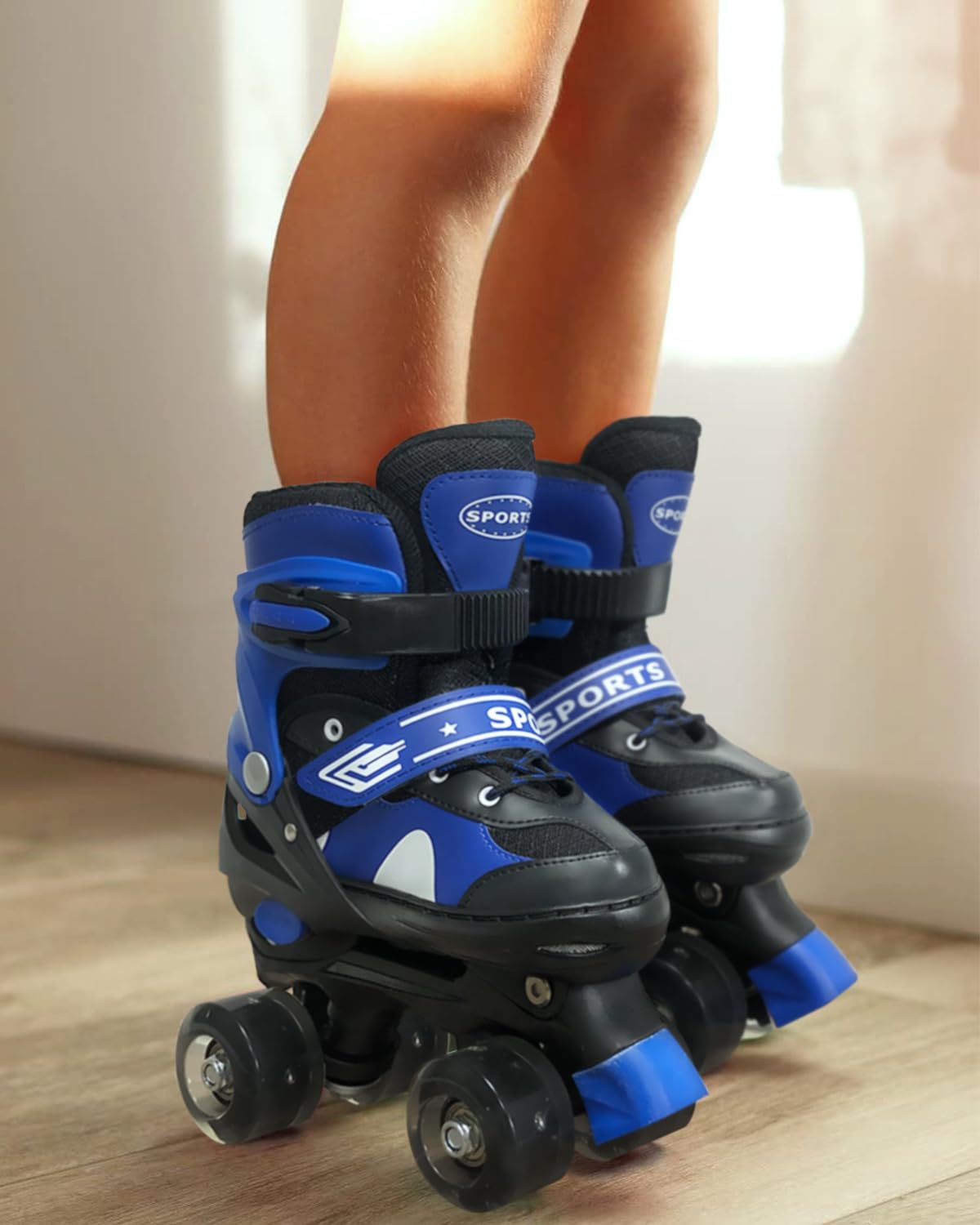 Ceestyle adjustable quad roller skates for kids, blue with light-up wheels and built-in adjusters, suitable for boys and girls.