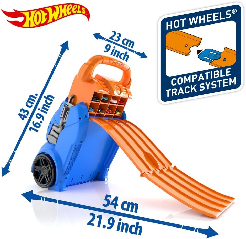 Hot Wheels Car Case Launcher with space for 20 cars, featuring a 2-in-1 design for storage and launching action.