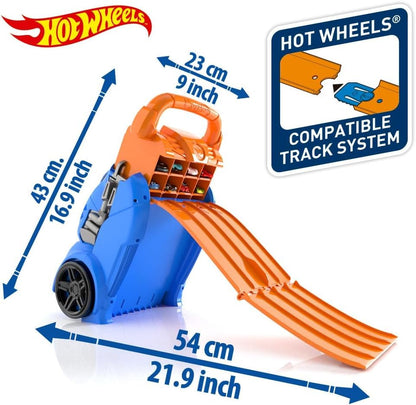 Hot Wheels Car Case Launcher with space for 20 cars, featuring a 2-in-1 design for storage and launching action.
