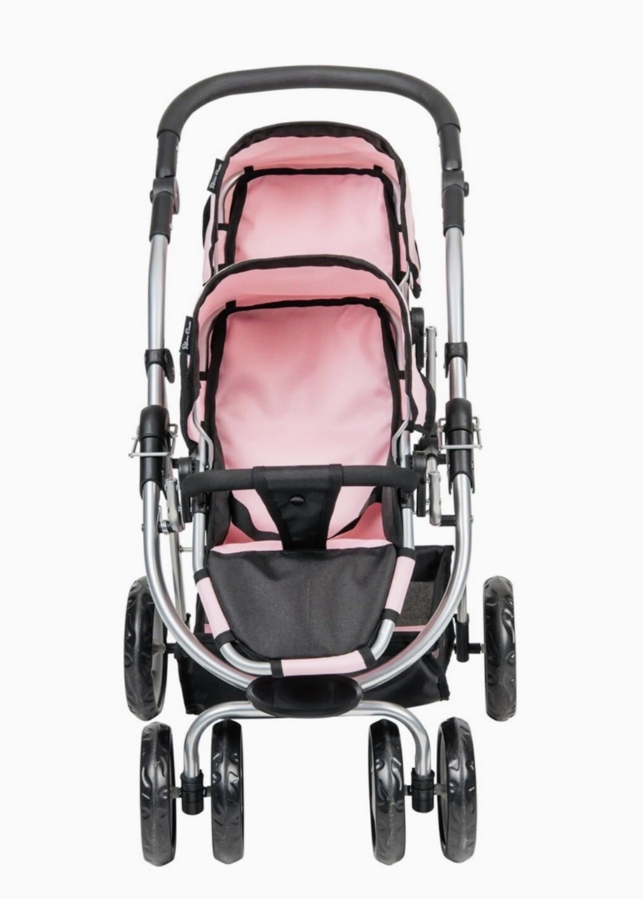 Silver Cross Twin Wave Dolls Stroller, Pink and Black Double Pushchair with Silver Frame, Age 3+, 67L x 46W x 73H cm