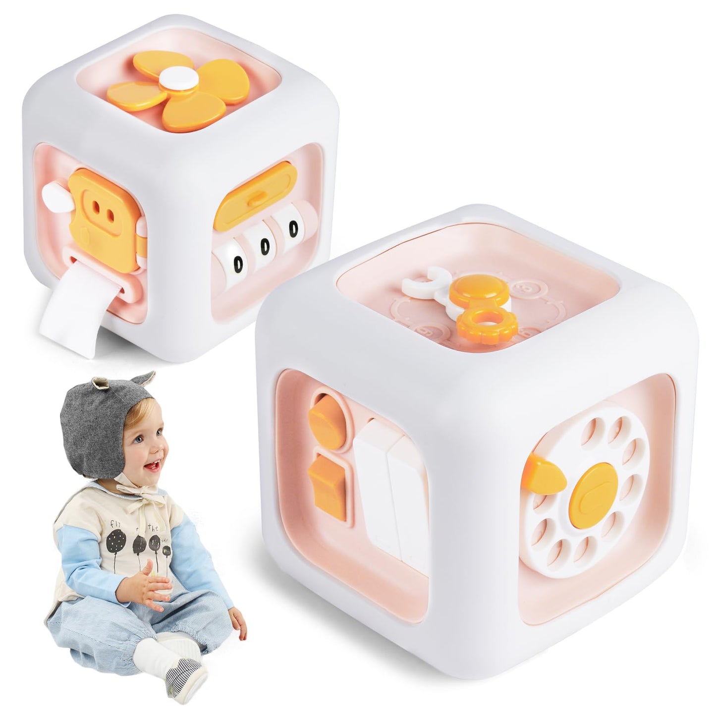 Ainiv Activity Busy Cube baby toy with colorful buttons and shapes for toddlers, promoting fine motor skills and sensory learning.