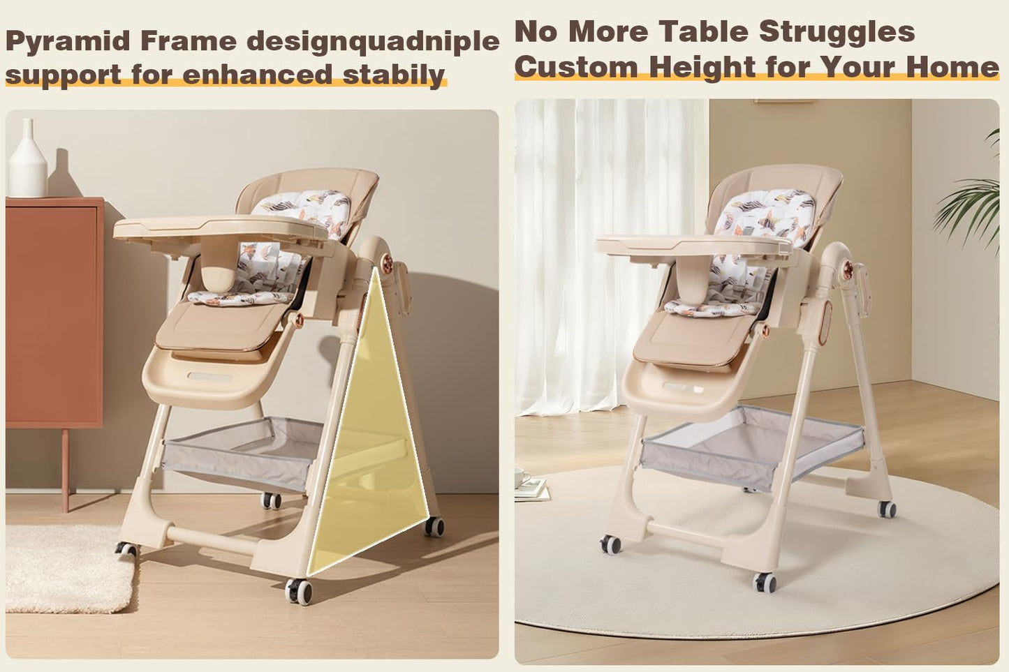 Magic ZC PU Leather Baby High Chair Toddler Feeding Dining Chair with Adjustable Heights and Positions Multifunctional Foldable Convertible with Detachable Double Trays and Wheels (X8122 Grey)