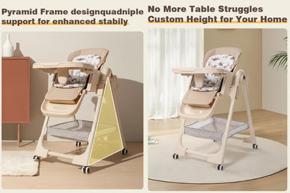 Magic ZC PU Leather Baby High Chair Toddler Feeding Dining Chair with Adjustable Heights and Positions Multifunctional Foldable Convertible with Detachable Double Trays and Wheels (X8122 Grey)