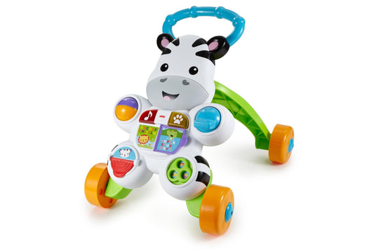 Fisher-Price Learn with Me Zebra Walker First Steps Baby Walker Push Along Toy with Lights, Music, Baby Girl and Baby Boy Toys Hands-On Toddler Baby Push Along Walker UK English Version, GXC31