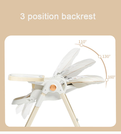 Magic ZC baby high chair with adjustable heights, reclining positions, foldable design, detachable trays, and wheels in white.