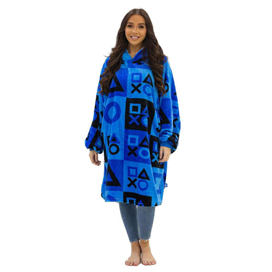 PlayStation oversized hooded fleece blanket Oodie for adults, featuring check wear pattern and cozy large hoodie for warmth and comfort.