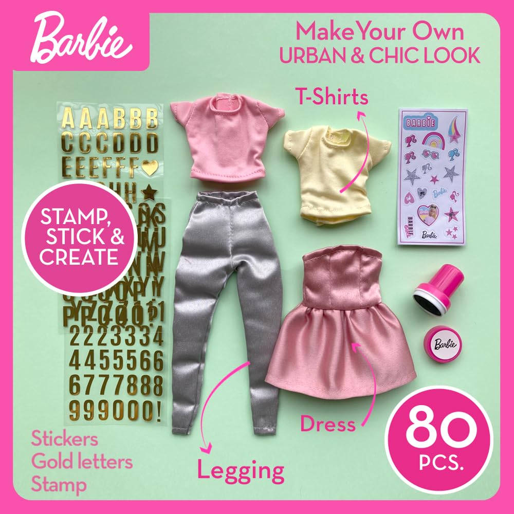 Barbie DIY Urban & Chic Fashion Designer Set with outfits, stickers, and stamps for creative kids' fashion play.