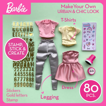 Barbie DIY Urban & Chic Fashion Designer Set with outfits, stickers, and stamps for creative kids' fashion play.