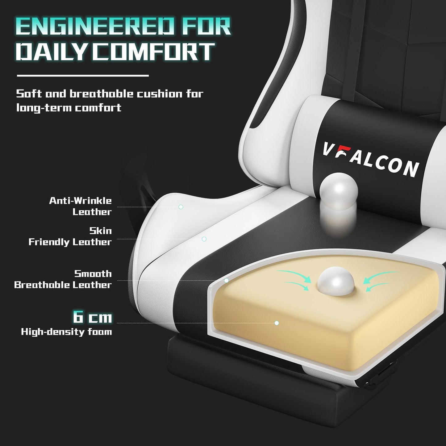 Vfalcon XTREME gaming chair in white with ergonomic design, reclining feature, footrest, 360° swivel, and adjustable height
