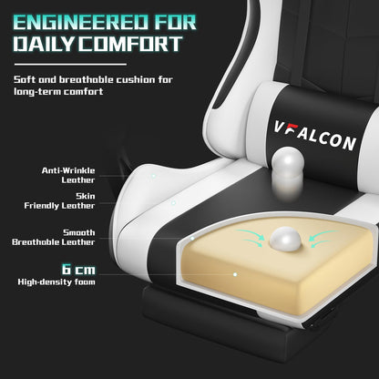 Vfalcon XTREME gaming chair in white with ergonomic design, reclining feature, footrest, 360° swivel, and adjustable height