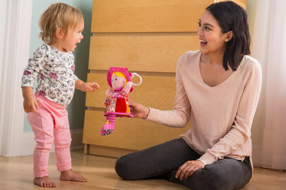 LAMAZE My Friend Emily clip-on pram toy with colorful sensory features for newborns 0-6 months, suitable for boys and girls.
