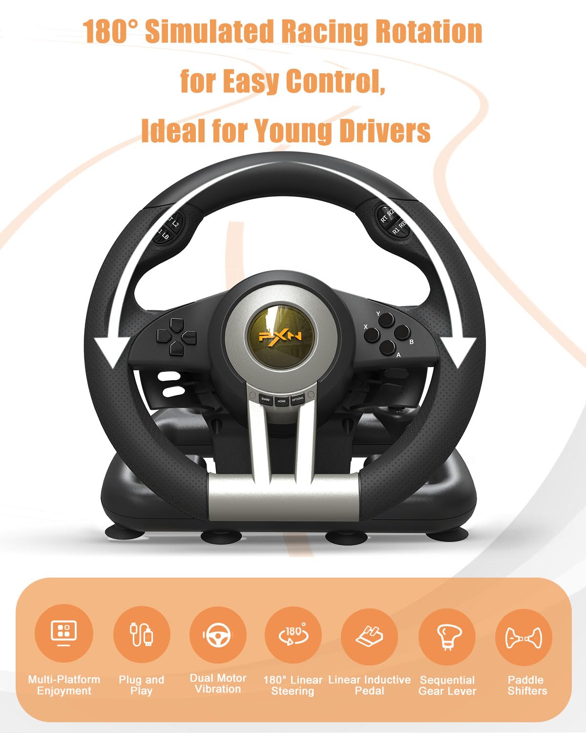 PXN V3 Pro Gaming Steering Wheel with Pedals - 180° Wheel, Vibration Feedback, Integrated-Shifter, Paddle Shifters - Steering Wheel for PC, PS3, PS4, Xbox and Switch - Black