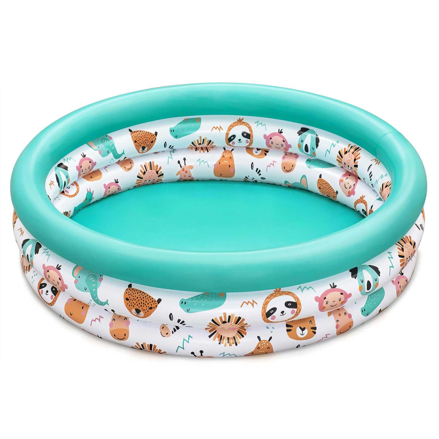 Bestway Safari Pals inflatable kiddie pool with colorful animal designs for kids' outdoor fun.