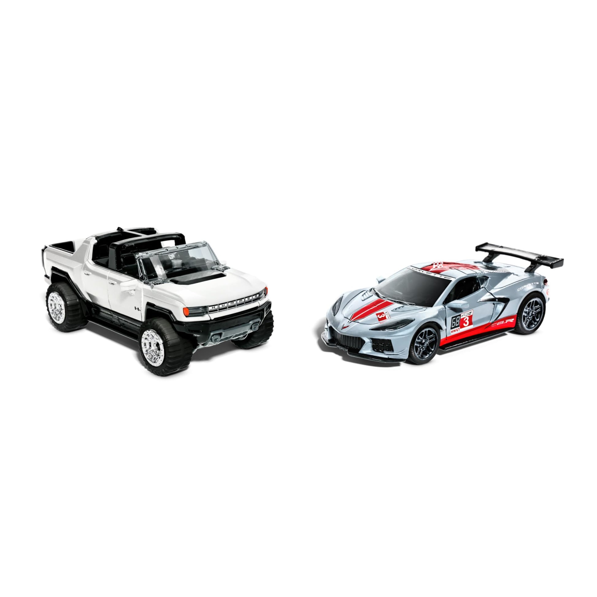 Set of 2 Hot Wheels pull-back speeders in 1:43 scale, featuring assorted styles and opening elements like doors and hoods.