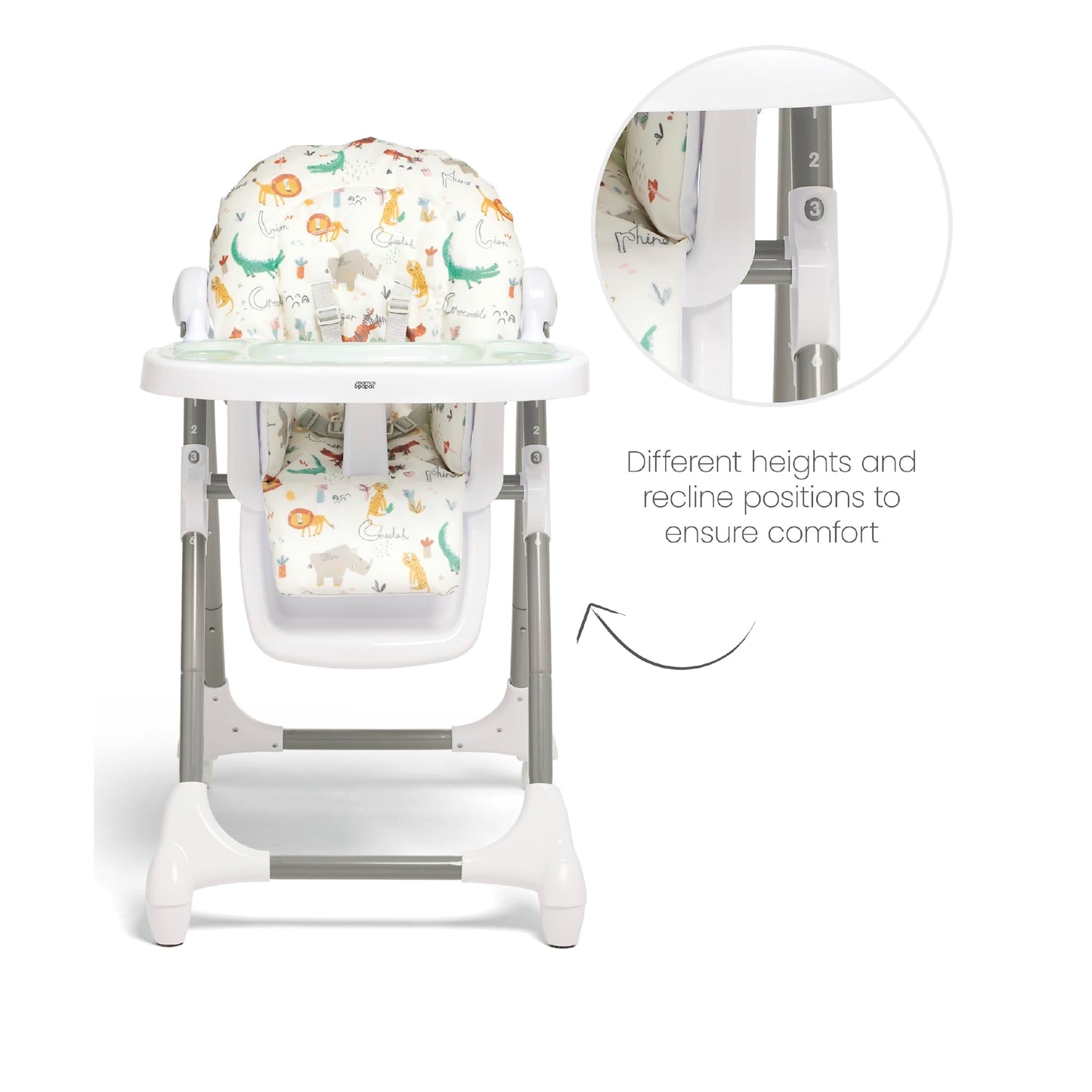 Mamas & Papas Snax, Adjustable Highchair, Reclines, Foldable, Removable Tray, Jungle Alphabet