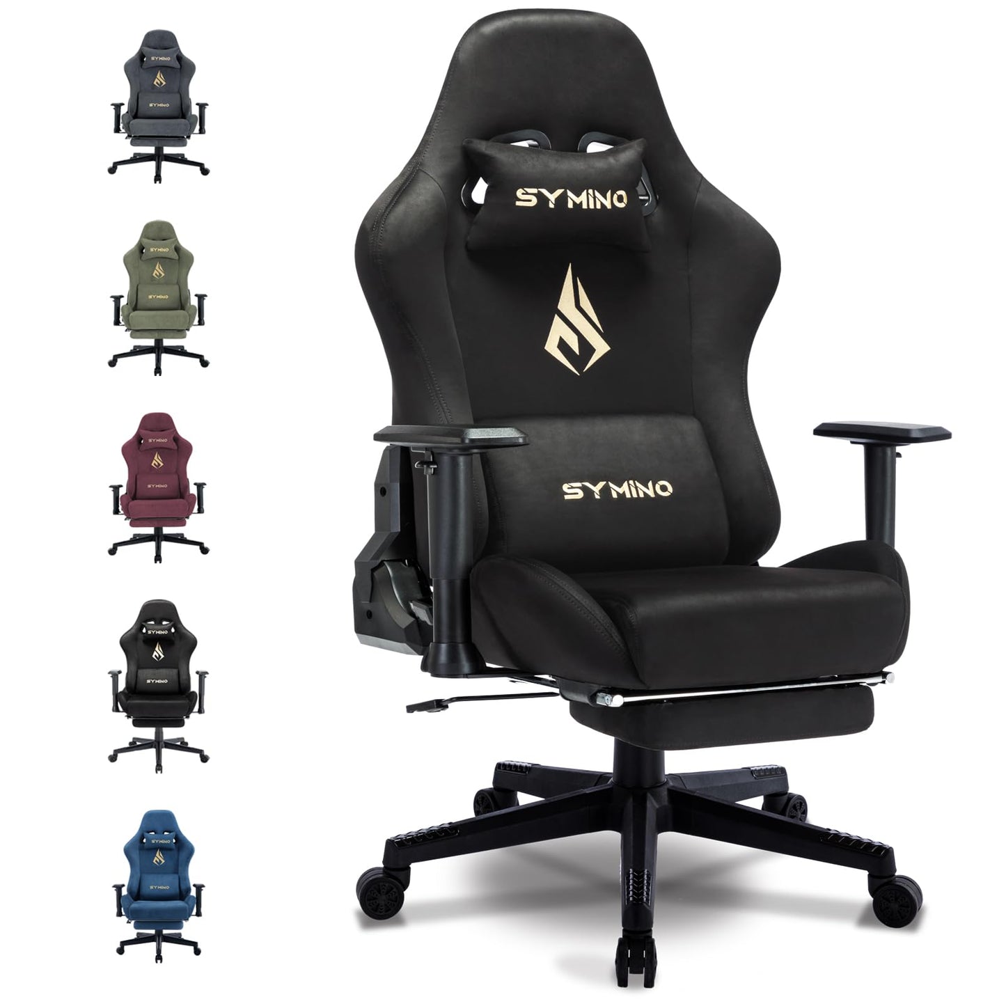 Symino black gaming computer chair with ergonomic design, adjustable height, rotating base, footrest, headrest, and lumbar support.