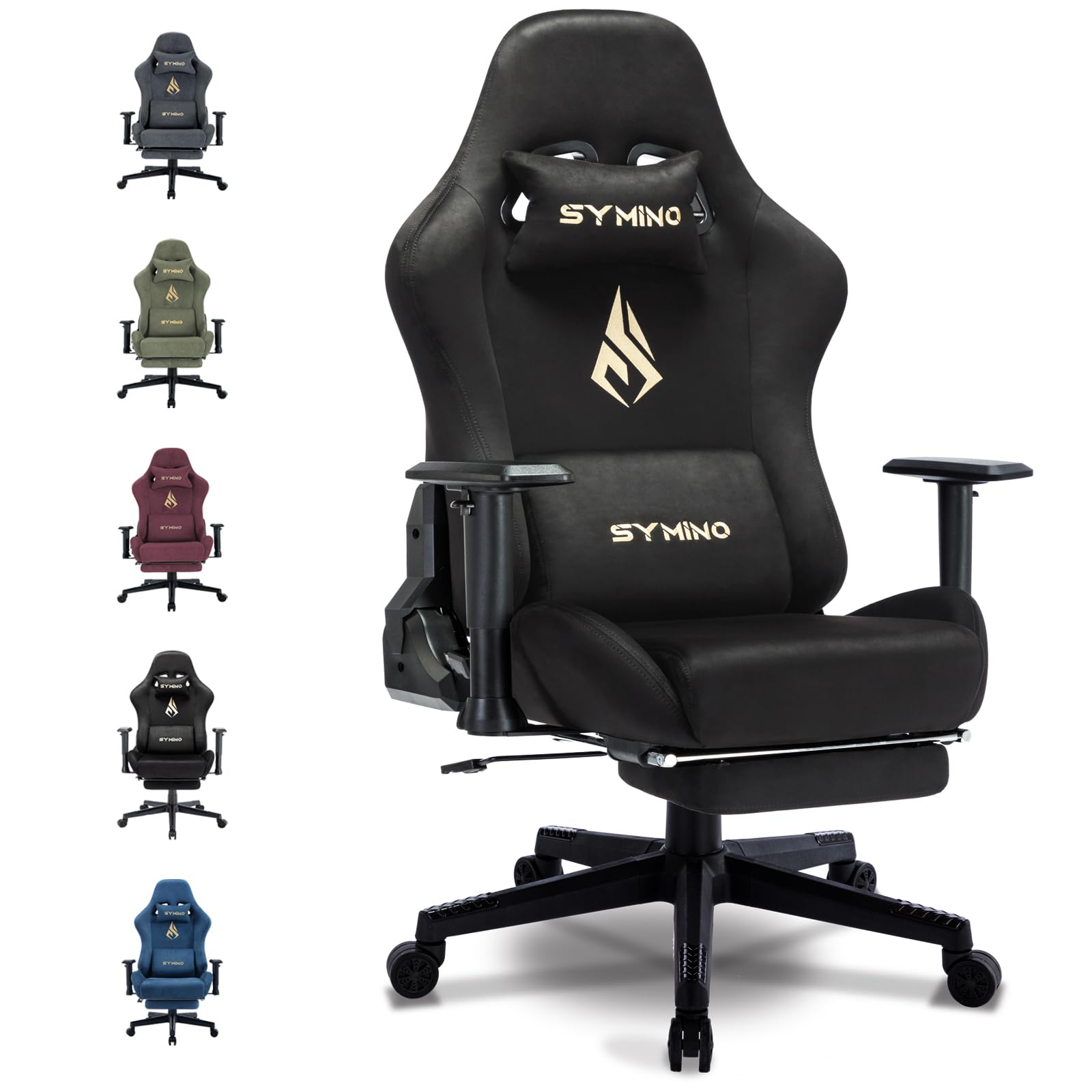 Symino black gaming computer chair with ergonomic design, adjustable height, rotating base, footrest, headrest, and lumbar support.