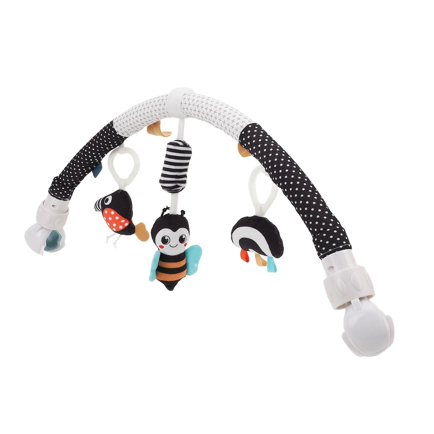 Pilipane clip-on honeybee plush baby sensory toy with soft material, designed for cribs, strollers, and developing motor skills.