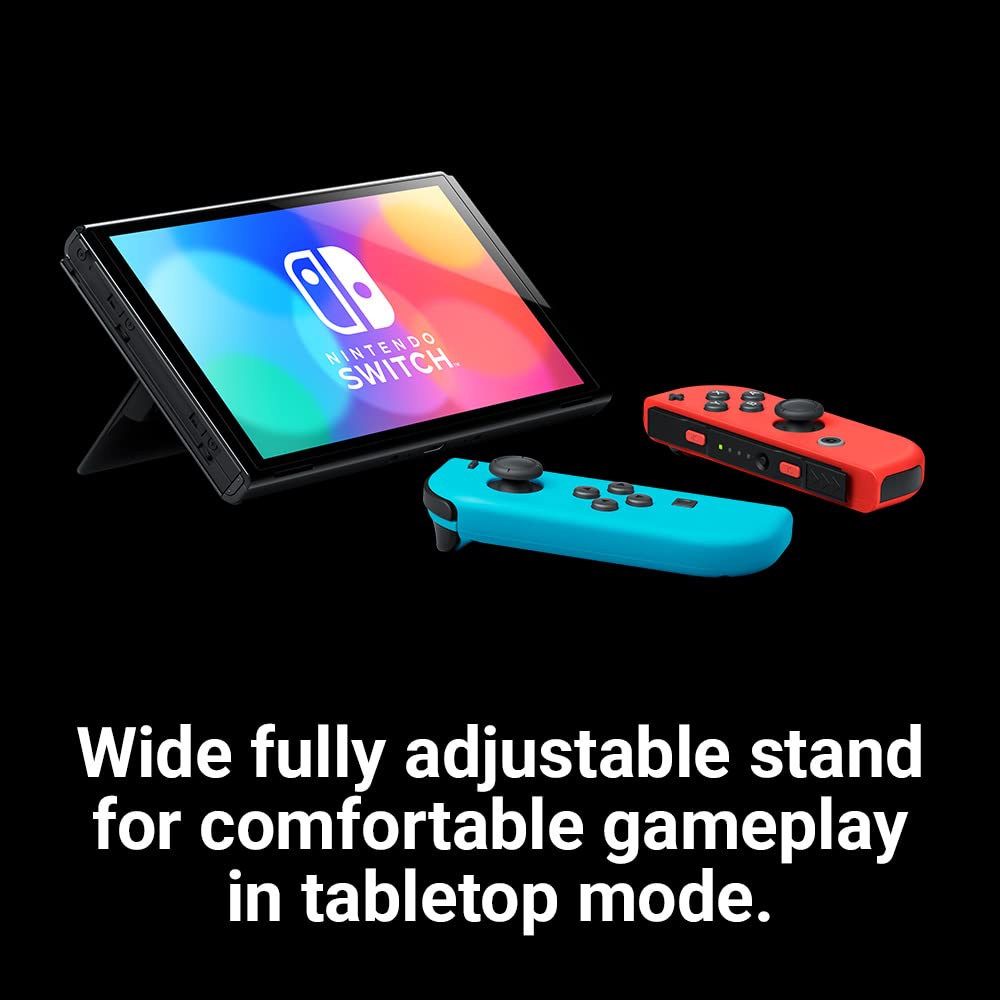 Nintendo Switch OLED model in Neon Blue and Neon Red gaming console with colorful Joy-Con controllers.