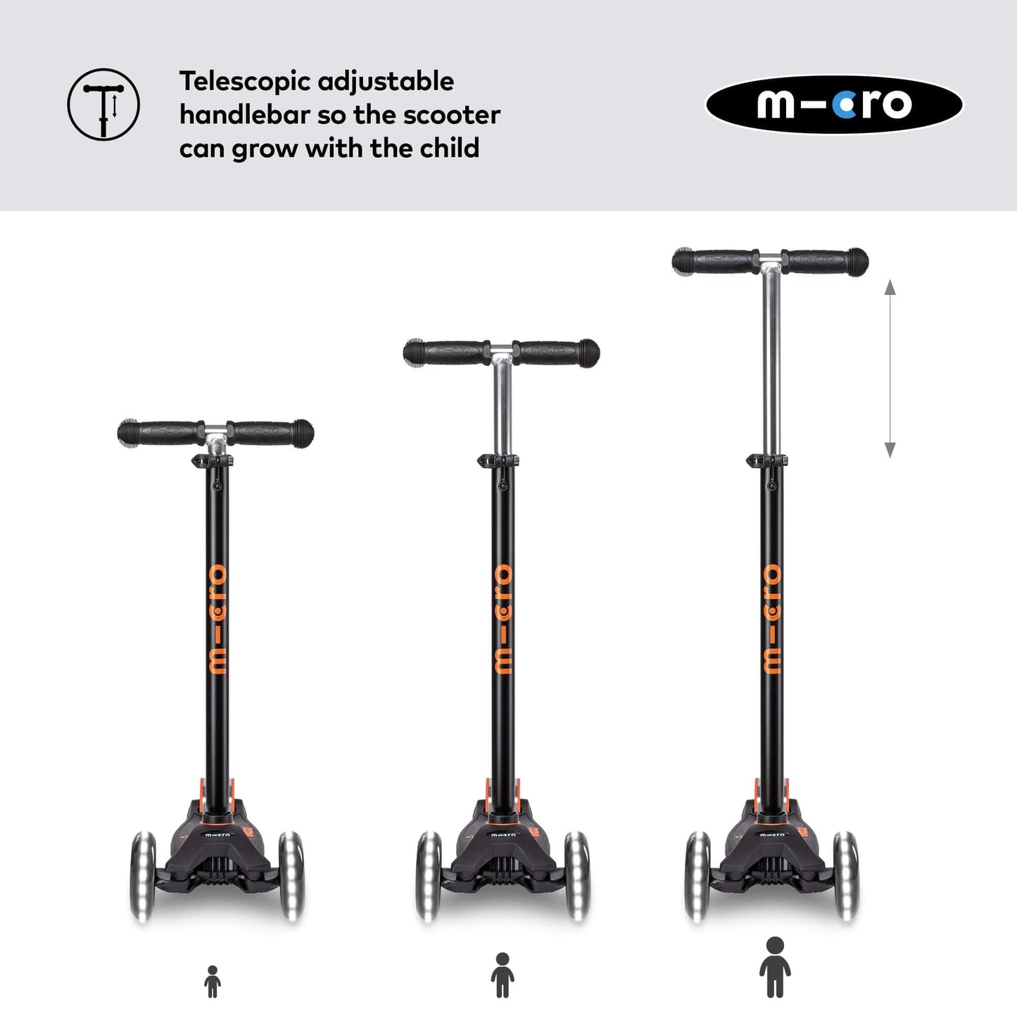 Micro Scooters | Maxi Micro LED Deluxe Children's Scooter | Big Wheels | Handlebar Adjustable | 5-12yrs | Boys & Girls | Black
