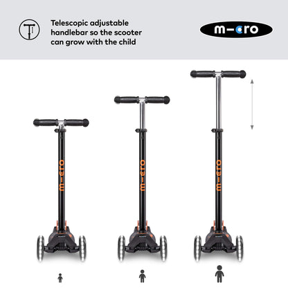 Micro Scooters | Maxi Micro LED Deluxe Children's Scooter | Big Wheels | Handlebar Adjustable | 5-12yrs | Boys & Girls | Black