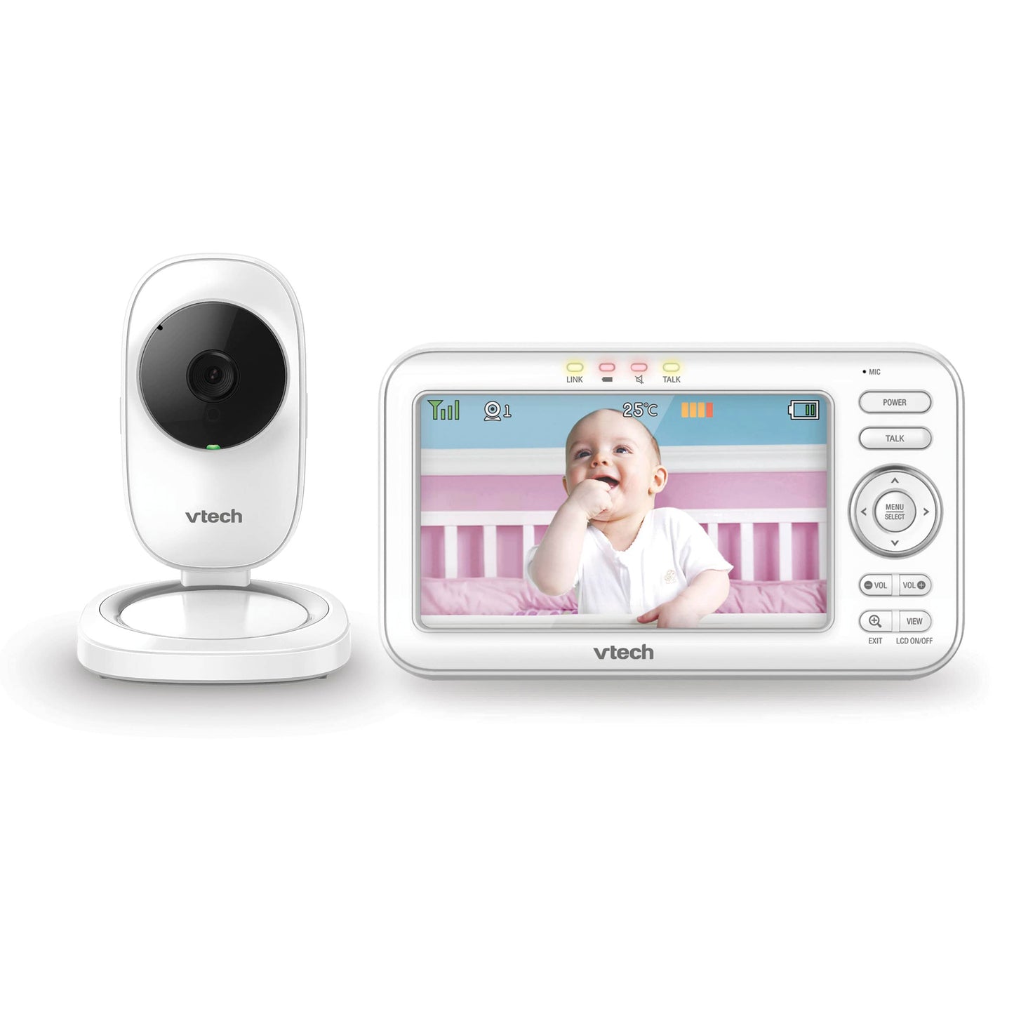 VTech LM808-1W baby monitor with camera, 5-inch screen, night vision, two-way audio, and temperature sensor in a nursery setting.