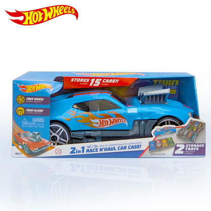 Hot Wheels 2in1 Race N' Haul car storage case with retractable handle, holding up to 15 cars, shown in open position.