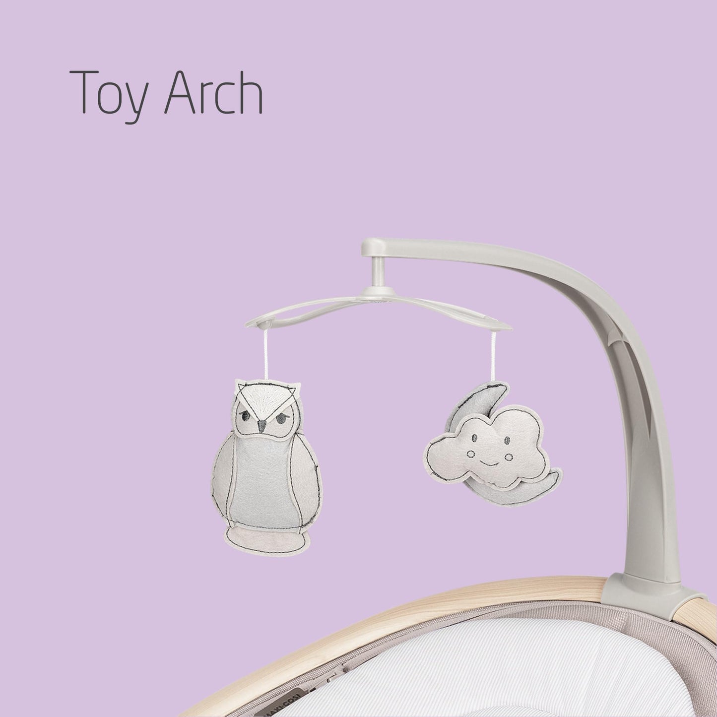Maxi-Cosi Cassia electric baby swing chair in classic beige with 360° seat rotation, 12 melodies, and adjustable recline for infants.