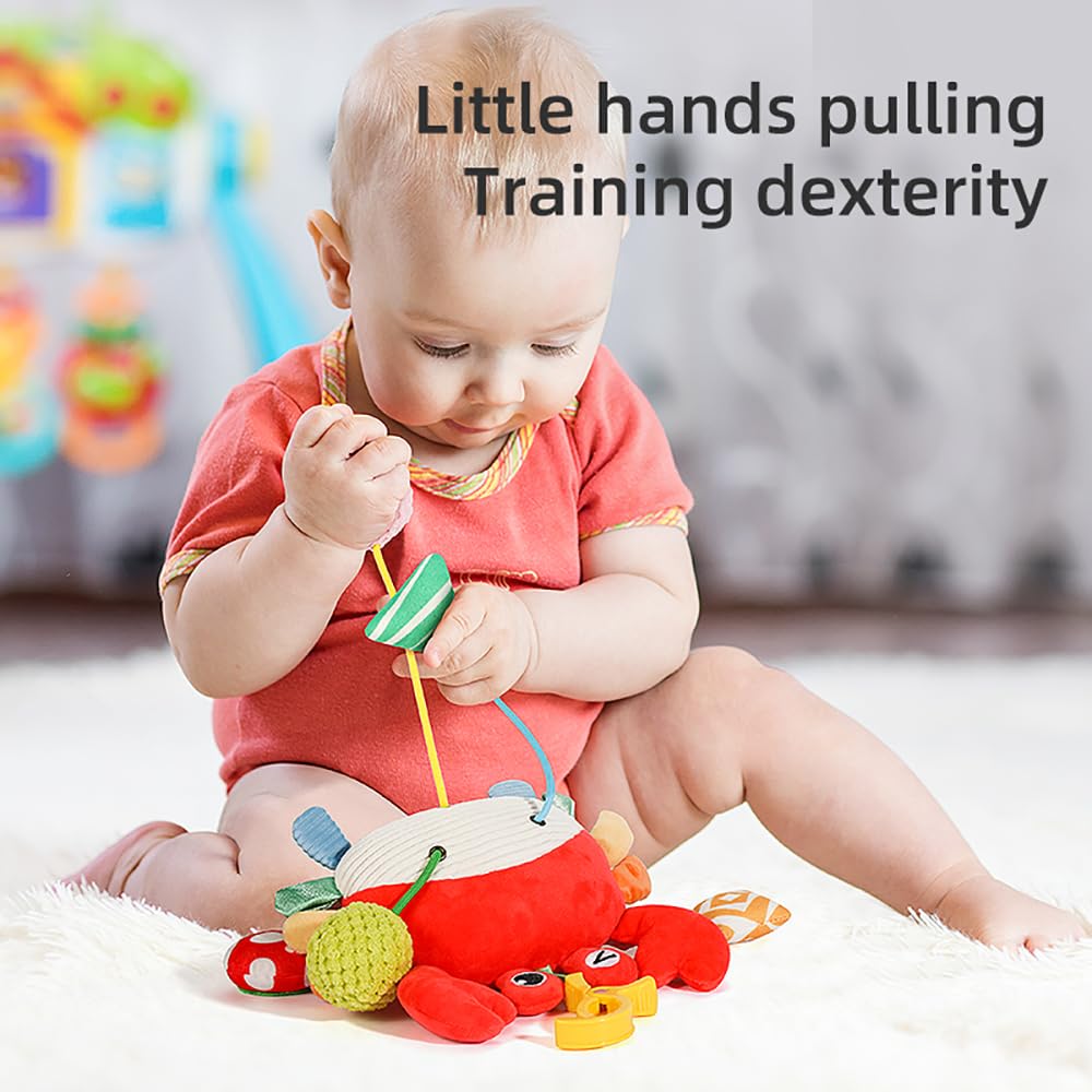 Vamotto Crab Car Seat & Stroller Toy for Babies 0-12 Months, Sensory Hanging Toy with Rattle, Mirror, Squeaker, Pull Strings, Fine Motor Skills Baby Gift for Newborn Infant Boy Girl