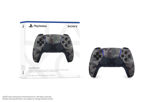 Gray camouflage Sony PlayStation 5 DualSense wireless controller for PS5 with ergonomic design and textured grips.