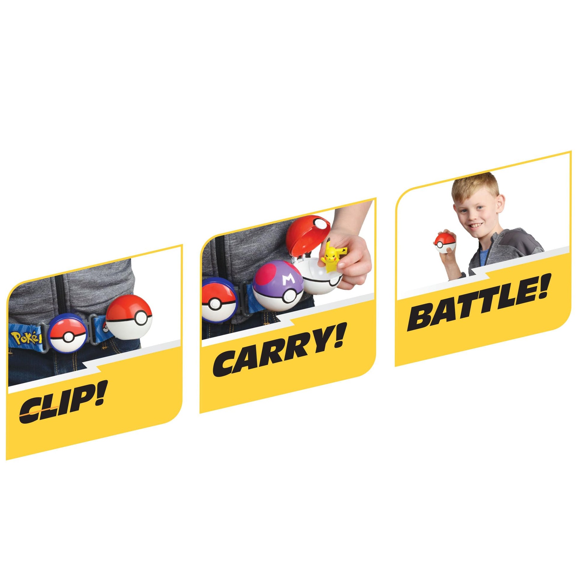 Pokémon Pikachu Clip 'N' Go Belt Set featuring a themed belt and 2-inch Pikachu figure with Heal and Quick Ball accessories.