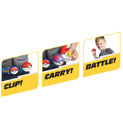 Pokémon Pikachu Clip 'N' Go Belt Set featuring a themed belt and 2-inch Pikachu figure with Heal and Quick Ball accessories.