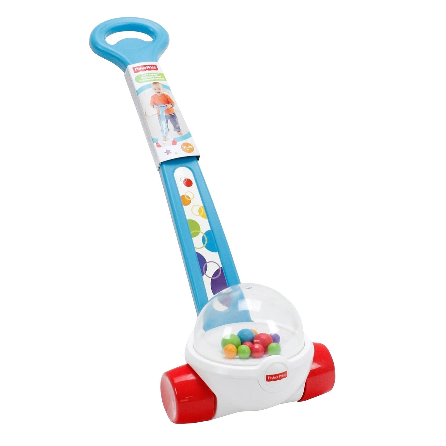 Fisher-Price Corn Popper baby toy in blue with ball-popping action, toddler push toy designed for children aged 1 year and up