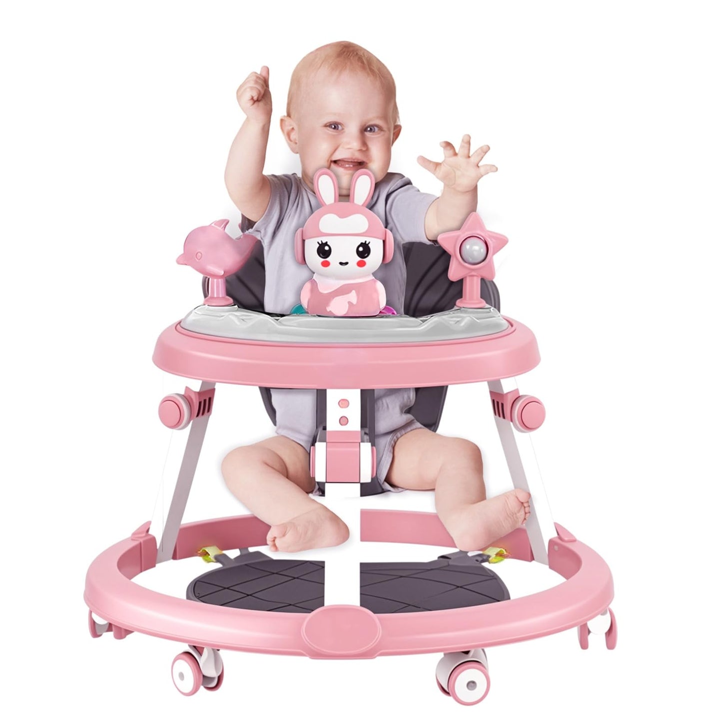 Pink height adjustable baby walker with foldable design, footrest, small toys, and music for babies 6-18 months by Autrfso.