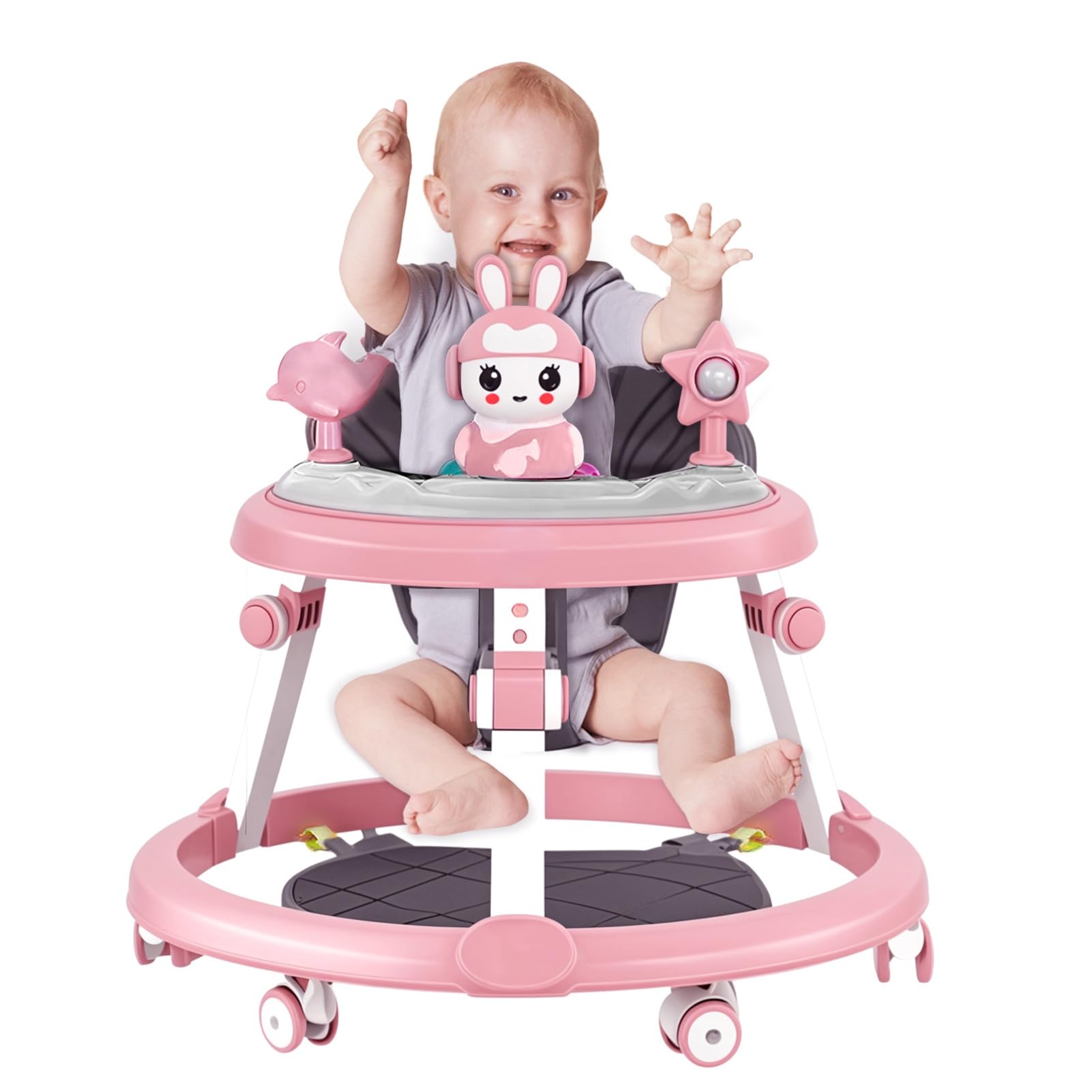 Pink height adjustable baby walker with foldable design, footrest, small toys, and music for babies 6-18 months by Autrfso.