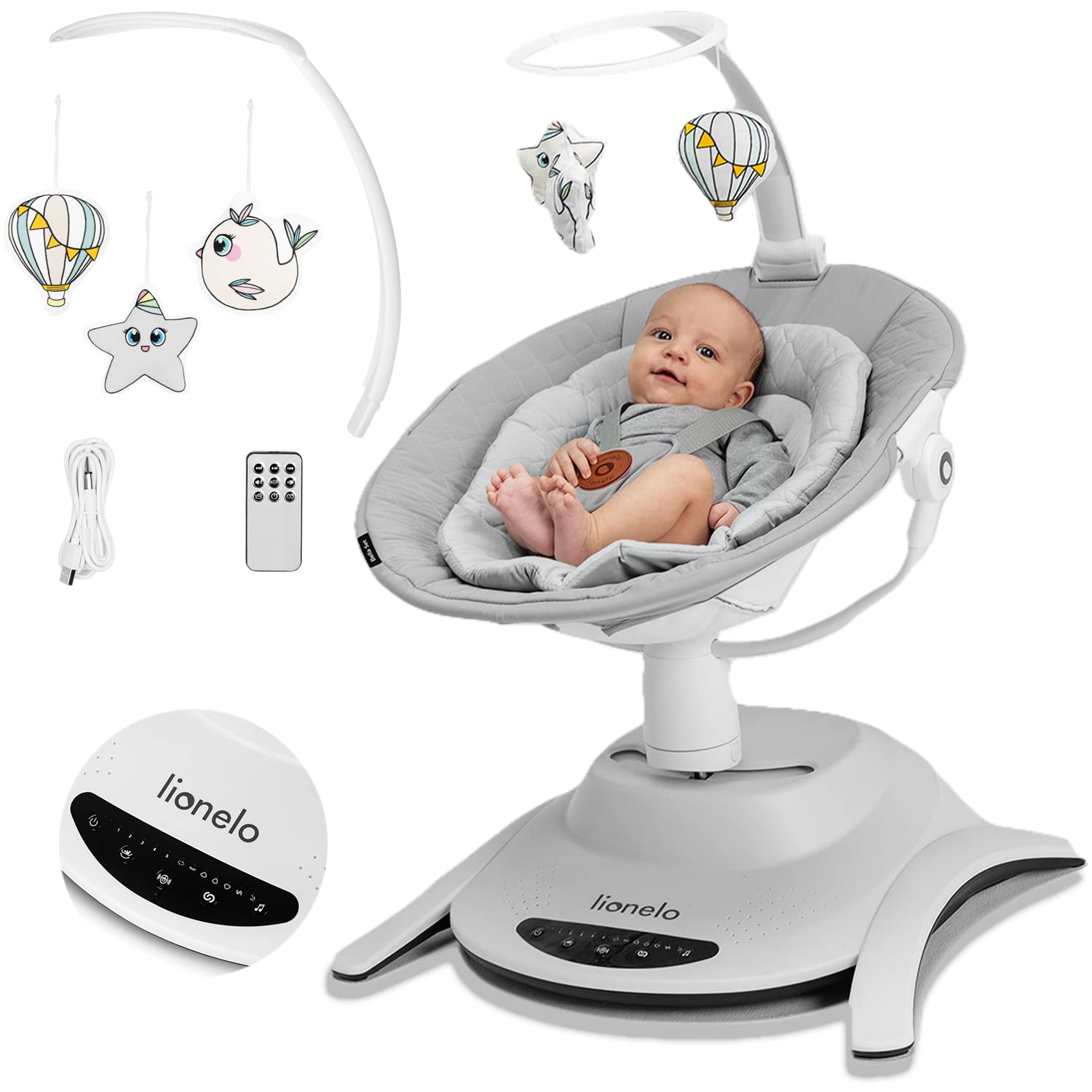 Lionelo Bella electric baby bouncer with 360° seat, 6 swing motions, melodies, safety harness, remote, and adjustable backrest.