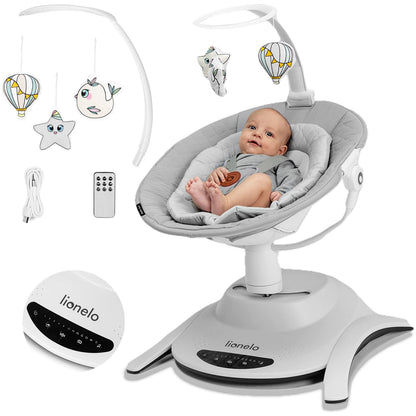 Lionelo Bella electric baby bouncer with 360° seat, 6 swing motions, melodies, safety harness, remote, and adjustable backrest.
