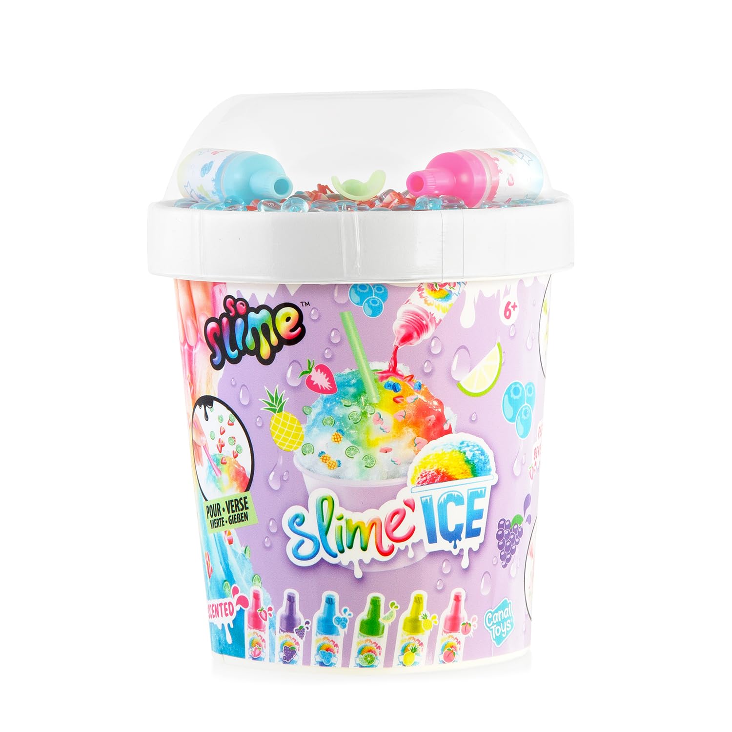 Canal Toys So Slim DIY Slime Ice Mega Cup with fragrance dyes, spoon, and decorations for creative slime making.