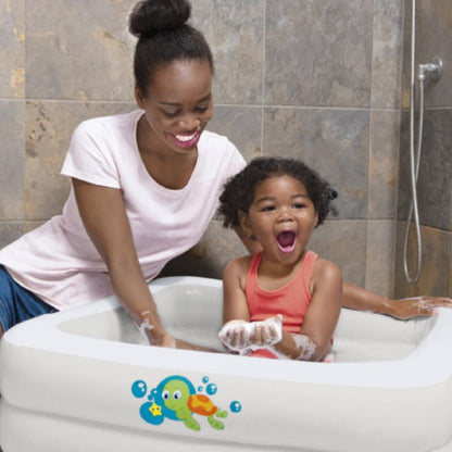 Bestway inflatable baby bath tub, portable and lightweight, featuring a soft floor and a clean white design.