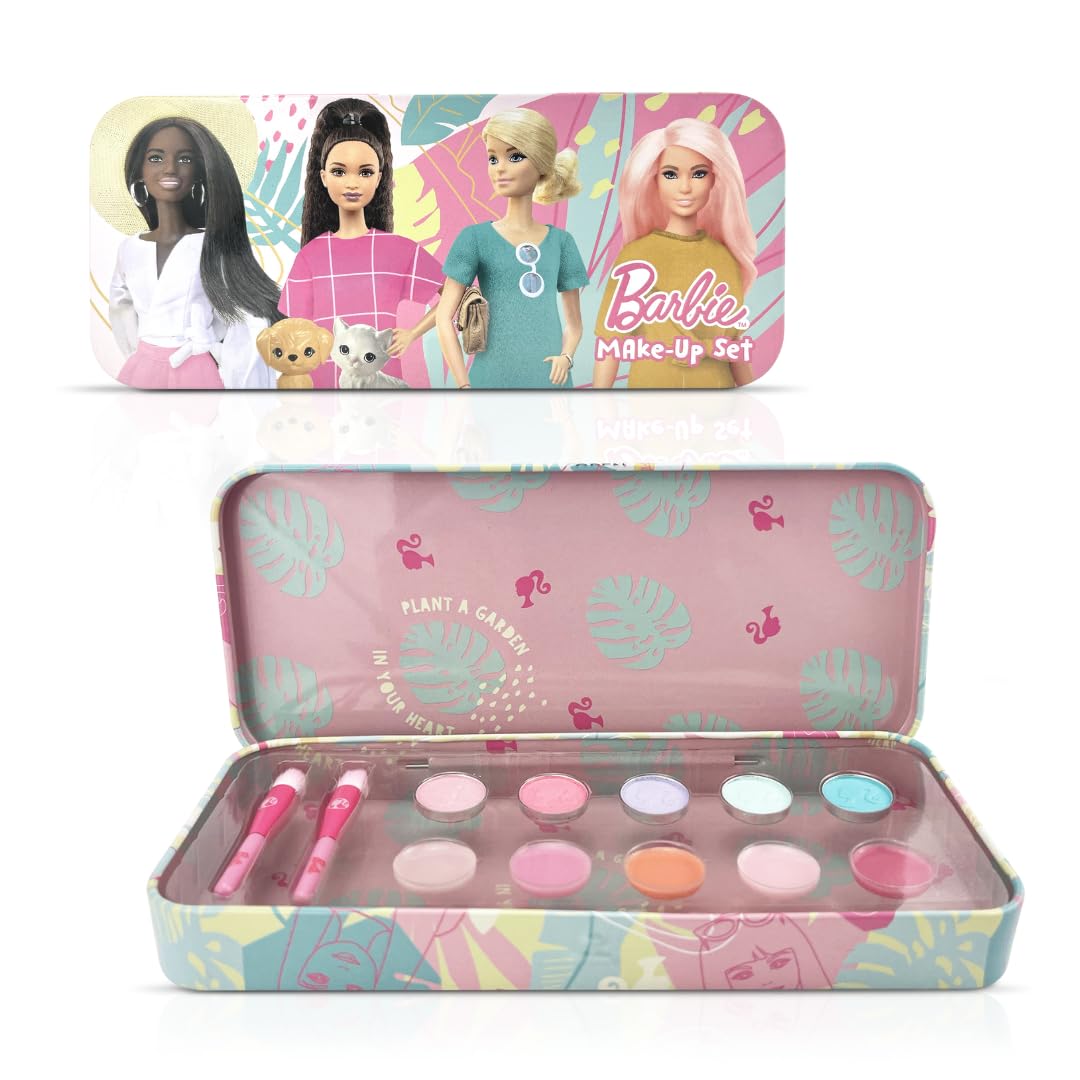 Barbie Make-Up Collection keepsake tin with children's makeup set for girls, featuring colorful makeup items and Barbie branding.
