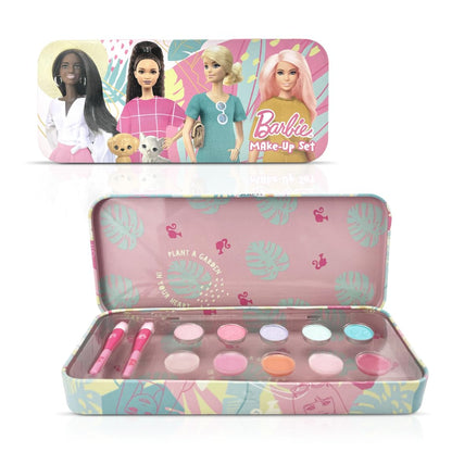 Barbie Make-Up Collection keepsake tin with children's makeup set for girls, featuring colorful makeup items and Barbie branding.