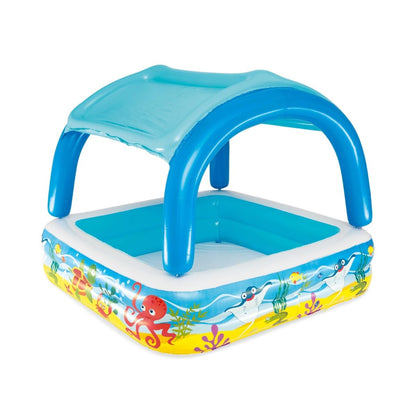 Bestway inflatable paddling pool for kids with a canopy, perfect for toddlers aged 2+ in an outdoor garden setting.