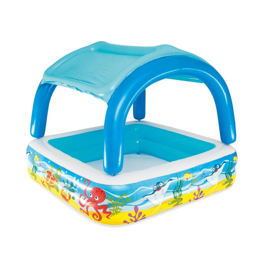 Bestway inflatable paddling pool for kids with a canopy, perfect for toddlers aged 2+ in an outdoor garden setting.
