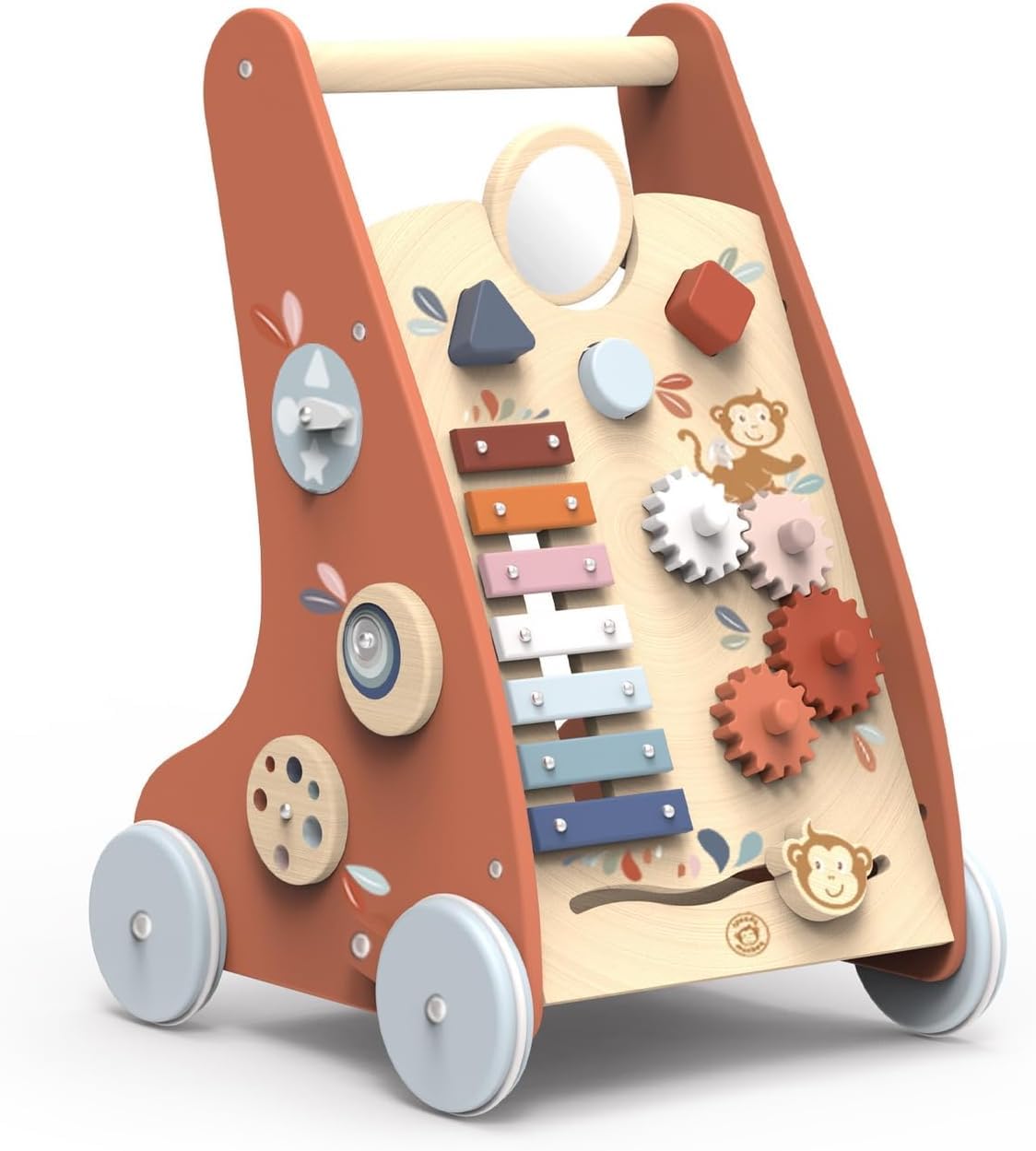 Speedy Monkey wooden baby walker with 9 activity toys, non-slip rubber wheels, FSC certified wood for boys and girls around 1 year old.