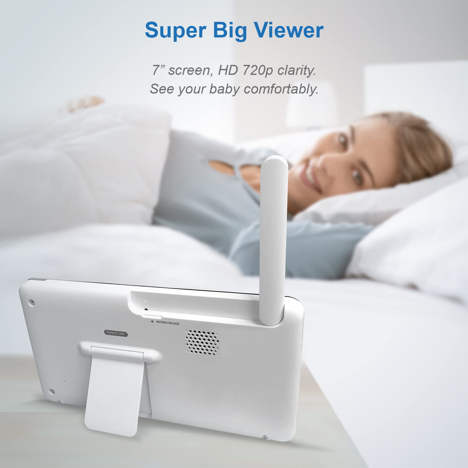 VTech RM7764-2HD baby monitor with two cameras, 7-inch HD display, night vision, pan-tilt, zoom, and two-way audio.