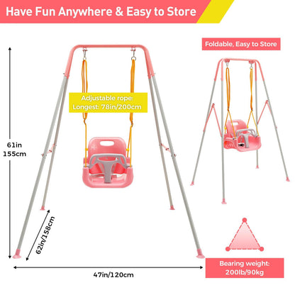 FUNLIO Children's Swing with Folding Metal Stand for Indoor and Outdoor Use, Baby Swing with 4 Sandbags, Easy to Assemble, Pink